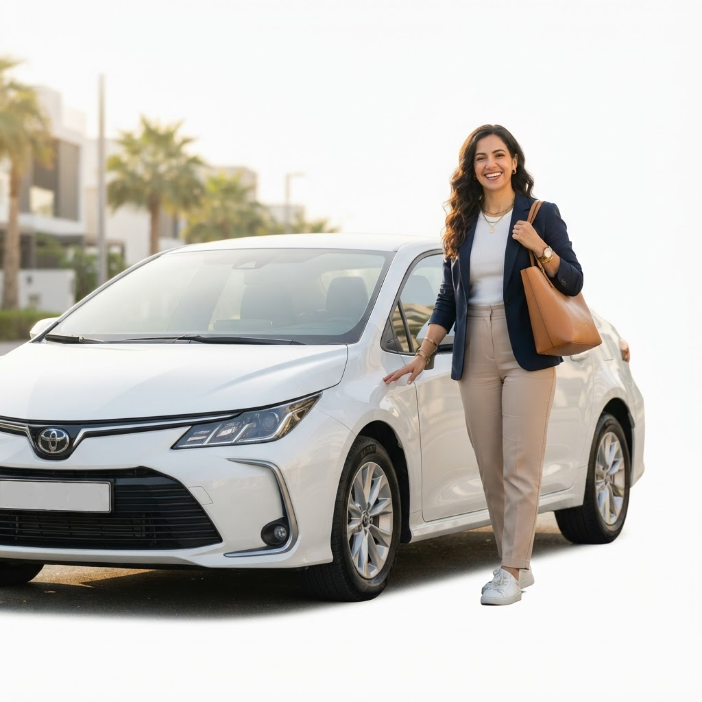 Car rental customer with a white rental car